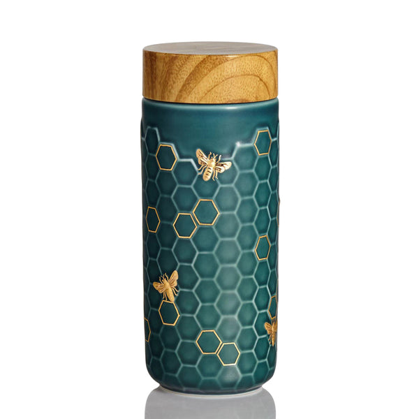 Honey Bee 12.3oz Ceramic Travel Mug (Gold) White with Hand-Painted Gold and Red Bees
