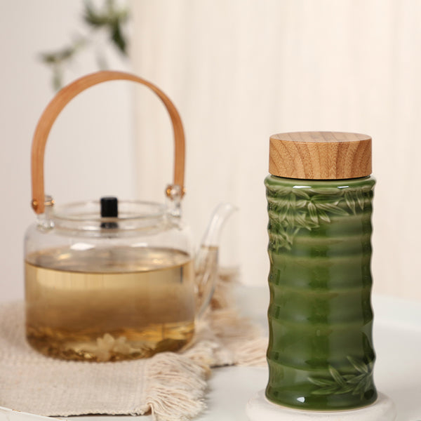 Ceramic Travel Mug with Bamboo Sleeve & Infuser